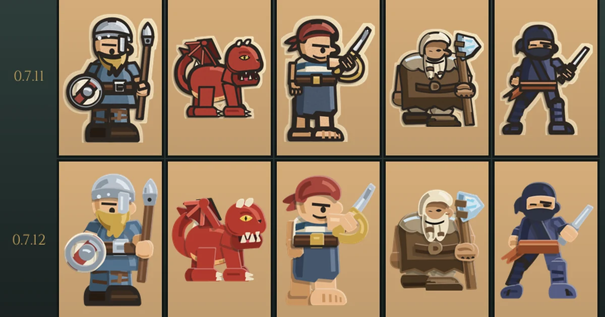 Five units on a tan mat in two rows, 0.7.11 on top with brown kraft edges and dark outlines and 0.7.12 below in flat printed card: a Northman, a Wyrmling, a Deckhand, a Frost Giant and a Shinobi.
