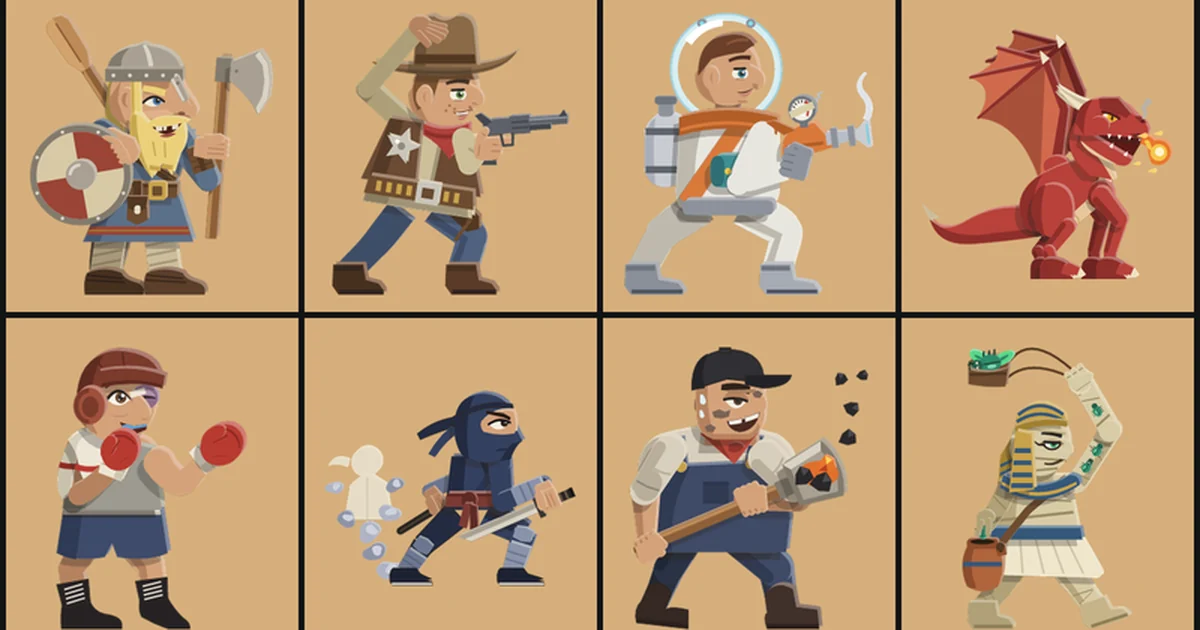 Eight redrawn starter units in flat paper on tan card: the Northman, the Deputy, the Ray Gunner, the Firedrake, the Sparring Partner, the Shinobi, the Stoker and the Scarab Slinger.