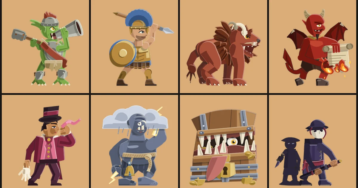 Eight redrawn units in flat paper on tan card: the Warboss, the Hoplite, the Apex Alpha, the Archdevil, The Heartbreaker, the Storm Titan, The Mimic and the Kagemusha.