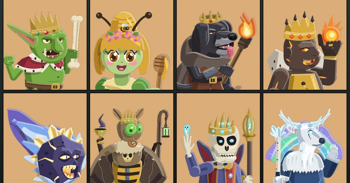 Eight redrawn lords in flat paper on tan card: Grix the Goblin, Verdy B. Queen, Warlord Ash as a black Labrador, the Magma Magnate, Perihelion, the Fear Drinker, Rex Mortifer and the Avatar of Winter.