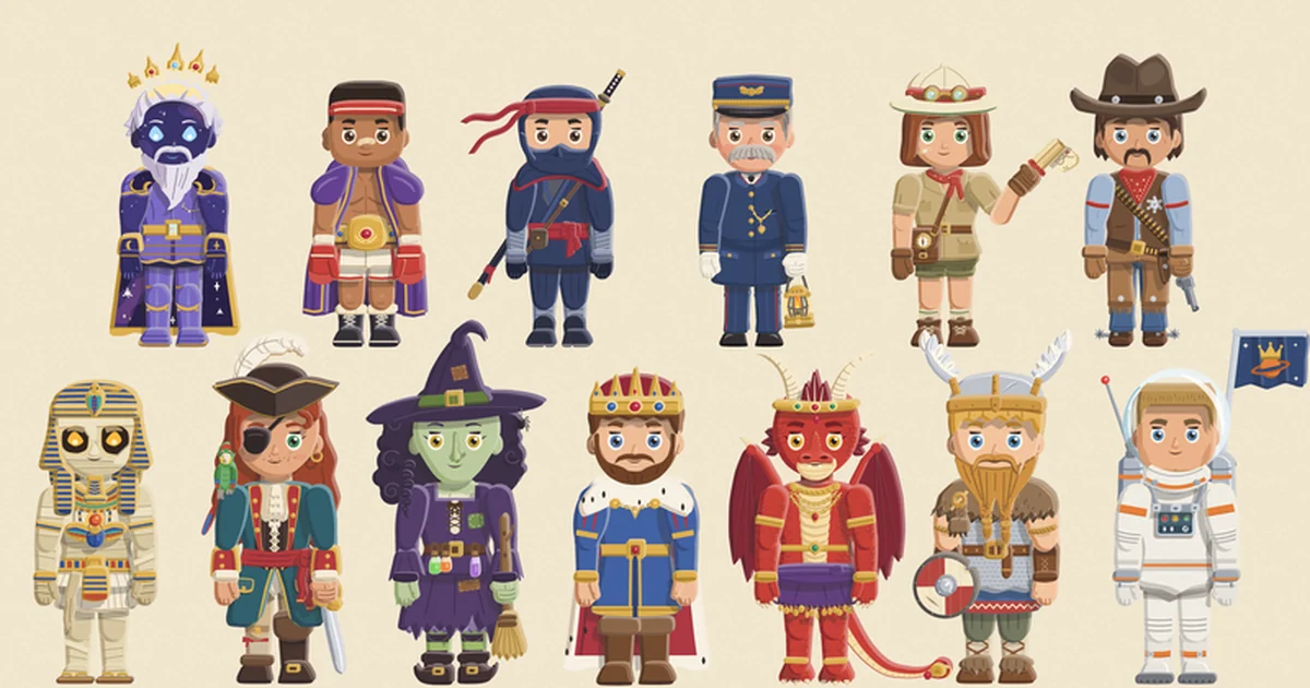 The thirteen warlords redrawn on the new jointed doll, in two rows on cream paper: the Eternal, the Boxer, the Ninja, the Train Conductor, the Explorer, the Gunslinger, the Mummy, the Pirate, the Witch, the King, the Dragon, the Viking and the Spaceman.