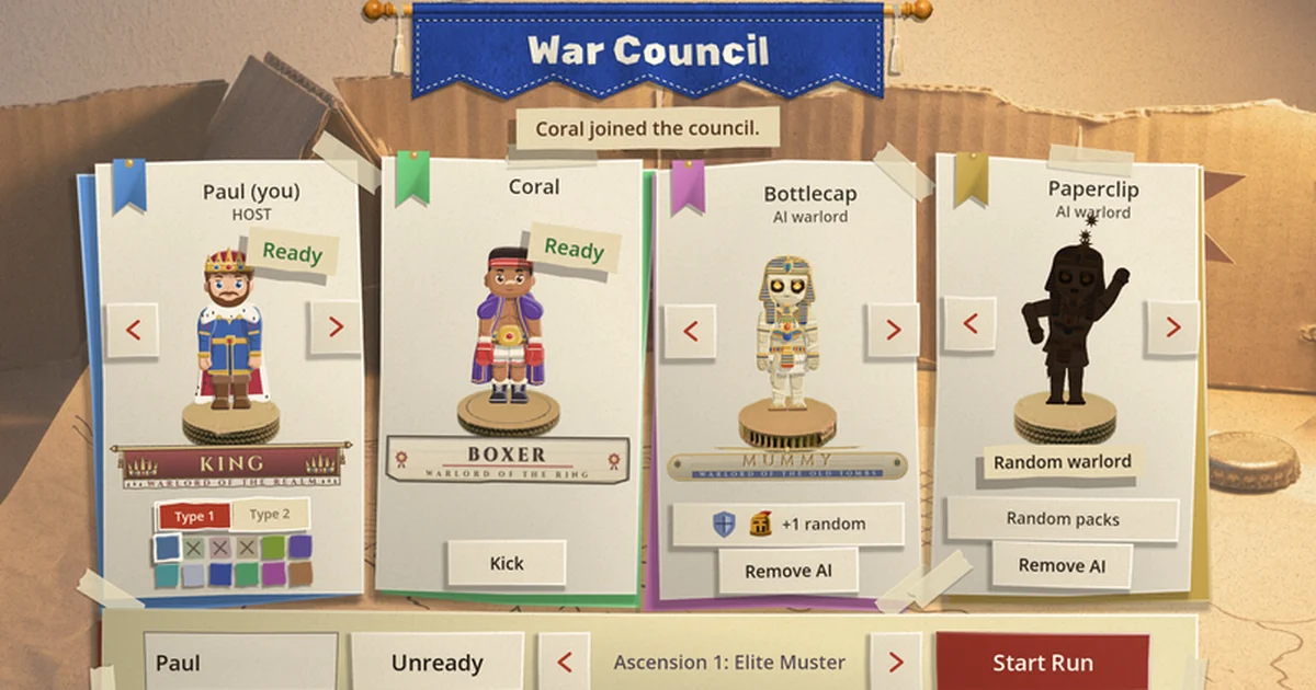The War Council on its cardboard desk: the host's King and a friend's Boxer marked Ready, the Mummy seated as an AI warlord called Bottlecap, and a fourth AI seat shown as a black silhouette over the words Random warlord.