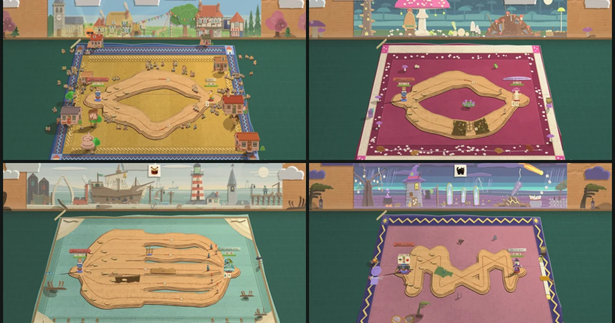 Four redrawn lord stages in a two by two grid, each a backdrop card over a blanket mat: Wally's village over a mustard throw, Amanita's giant toadstool over a crimson felt, the Grave Tide's harbour over a sea-green sail, and the Lost Witch's tower over a dusty rose blanket.