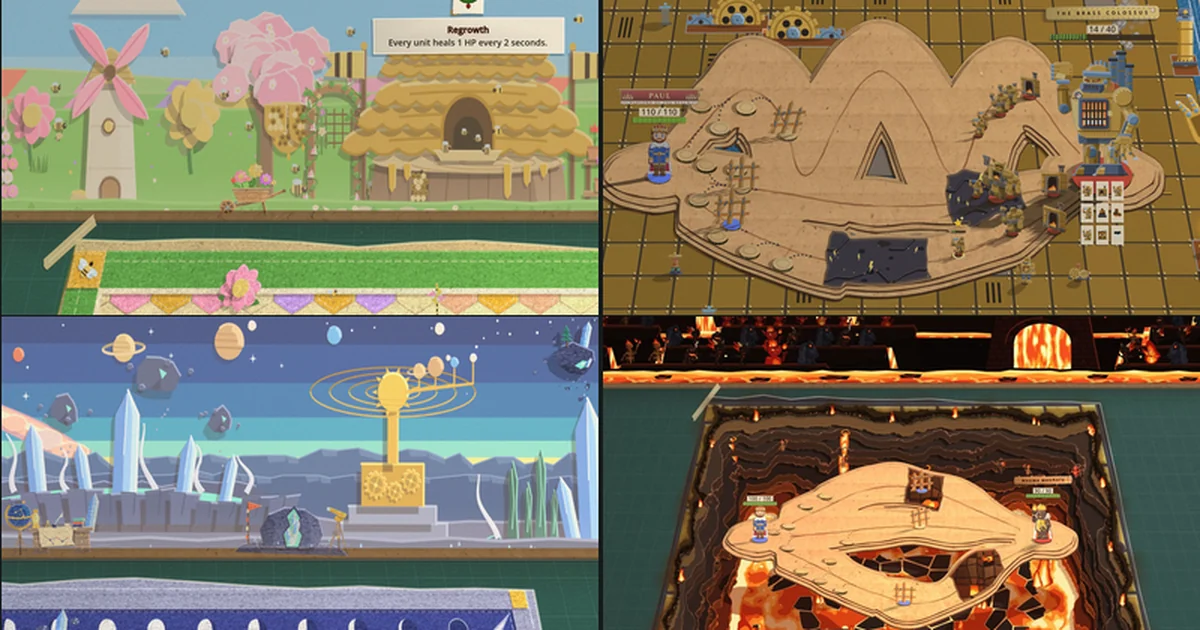 Four stages in a two by two grid: Verdy B. Queen's garden wall with its flowerpot windmill and straw hive, the Brass Colossus's arena turned into a brass machine, Perihelion's observatory wall with its orrery, and the Magma Magnate's board hanging over a pit of melt.