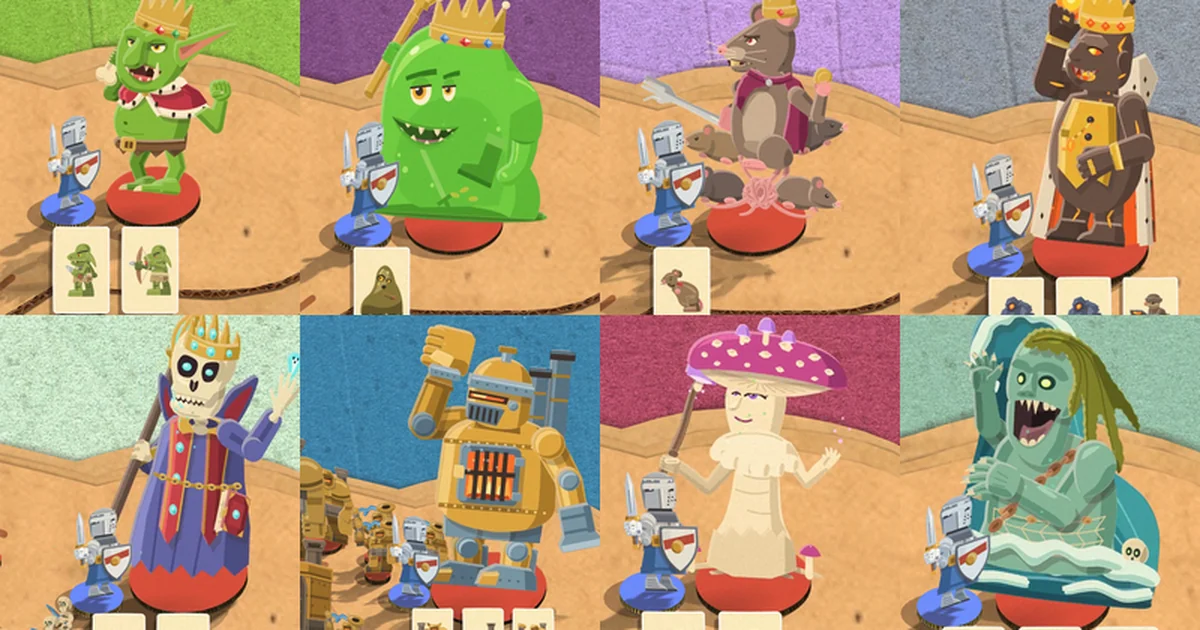 Eight enemy lords winding up a strike over a small knight at their feet, in a four by two grid: Grix, the Slime Lord, Sift, the Magma Magnate, Rex Mortifer, the Brass Colossus, Amanita and the Grave Tide.