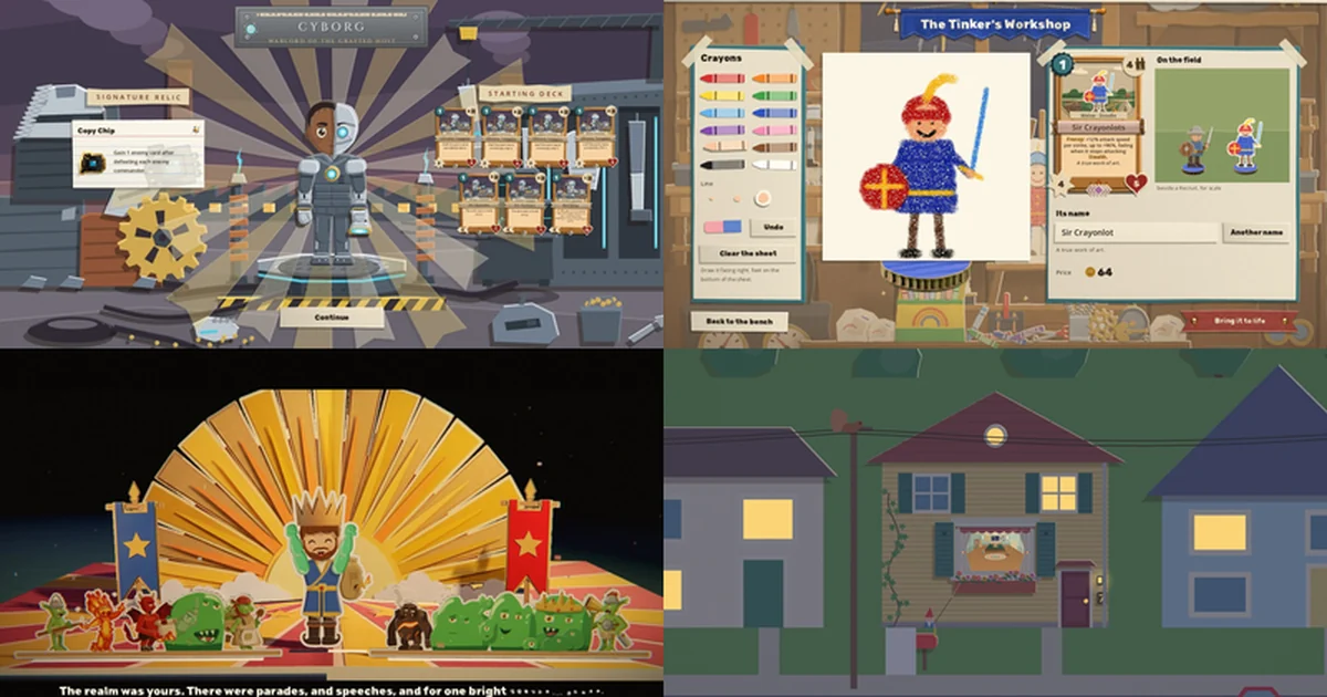 Four pictures in a two by two grid: the Cyborg standing in his scrapyard with the Copy Chip and his starting deck, a crayon knight drawn on the Tinker's Workshop sheet beside its card, a crowned warlord cheering before a cut-paper sunburst in the victory film, and Uncle Jim's house at night with the desk lit in the window.