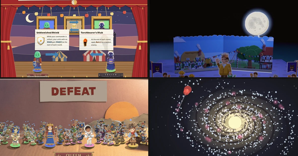 Four pictures in a two by two grid: two warlords trading relics on the Turnabout Show's velvet-curtained stage, a paper full moon rising over Wally's village in the defeat film, a whole army crying round its warlords under a DEFEAT sign, and the long zoom's cut-paper galaxy with a map pin in one arm.