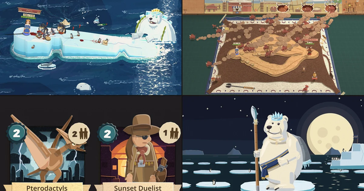Four pictures in a two by two grid: the Bear Beneath holding the end of Calvin's last floe on open sea, Bill the Bull-Blooded's herd stampeding out of three bull-shaped holes in his backdrop card, the Pterodactyls and Sunset Duelist cards with their figures standing up over the top edge, and Calvin the polar bear on a pan of ice under a huge paper moon.