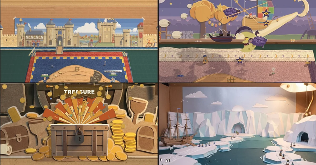 Four pictures in a two by two grid: Haldric's castle running the full width of the box wall with a drawbridge down over its moat, Wynken's crib mobile turned to its nightmare side over his quilt, the treasure chest bursting open in a fan of orange card wedges with paper coins in the air, and the Calving Sea set on the Continue menu, a frozen ship and floes in front of an iceberg wall.