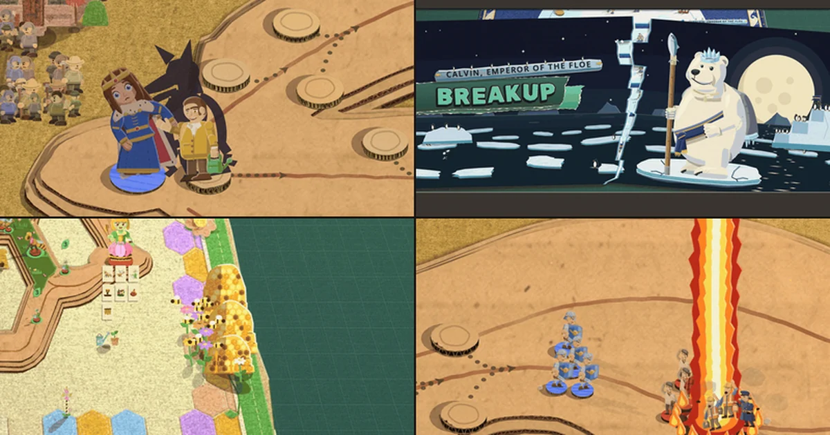 Four pictures in a two by two grid: Wally shaking the queen's hand while his shadow stands up behind them as a wolf, Calvin's Breakup banner tearing in two down a floe line, Verdy B. Queen's honeycomb risen out of her mat's border with paper flowers at its foot, and a Pillar of Fire pouring down onto a crowd on a cardboard road.