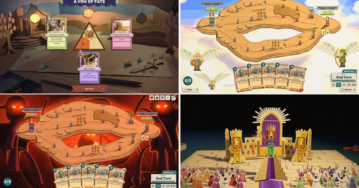 Four pictures in a two by two grid: the vow garden with three vow cards around a paper triangle, the final board floating in a sky with paper angels, the same board over a red pit with giants behind it, and a crowned warlord on a gold pop-up throne above a kneeling crowd.
