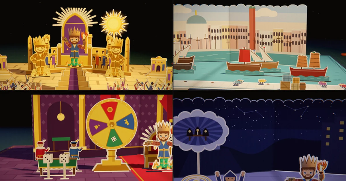 Four pictures in a two by two grid from the new endings: the God-Emperor on a gold throne between two gold statues, the Merchant Republic's harbour full of ships, the Court of Fortune's wheel in a purple throne hall, and the All-Seeing Throne's seers under a night sky.