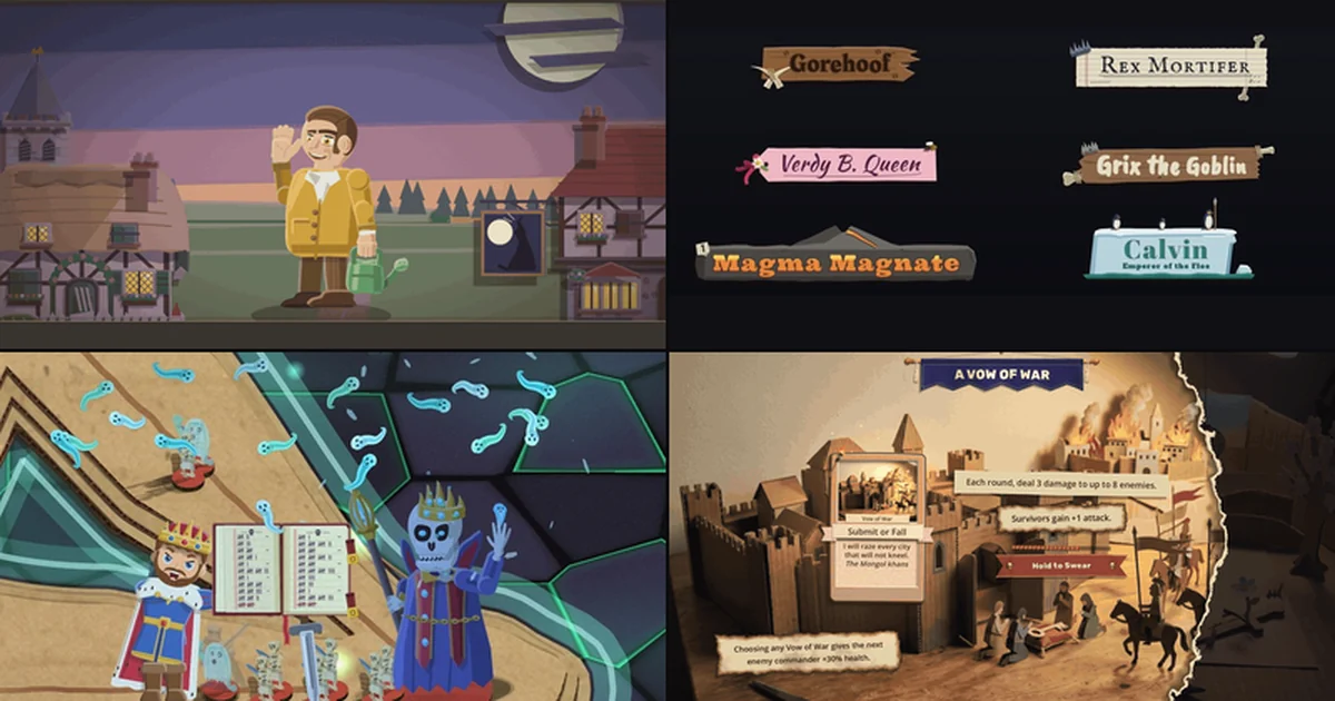 Four pictures in a two by two grid: Wally waving on his entrance page in front of his village at dusk, six painted lord nameplates, Rex Mortifer's souls pouring out of his open ledger, and the Vow of War room torn open onto a city under siege.