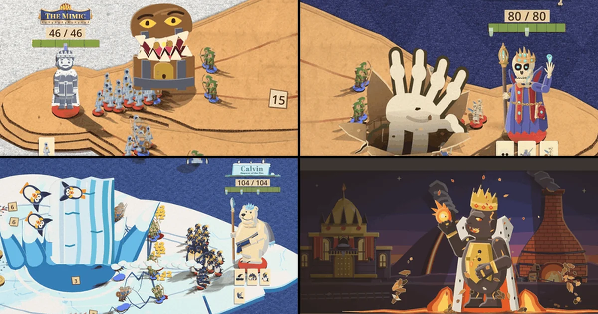Four pictures in a two by two grid: the Mimic's treasure chest biting down on a line of soldiers, a giant bone hand clawing up through the board beside Rex Mortifer, an iceberg with penguins toppling onto a line of soldiers in front of Calvin the polar bear, and the Magma Magnate in his crown and ermine cape rising out of a lava-lit stage.