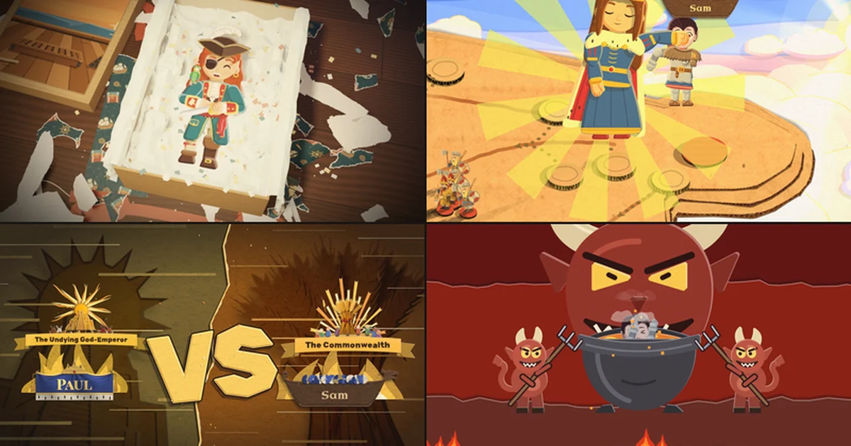 Four pictures in a two by two grid: the Pirate lying in her opened present on white tissue among torn wrapping paper, a giant crowned queen in gold rays holding a small figure on a cardboard board in the sky, a versus screen with The Undying God-Emperor facing The Commonwealth, and two imps and a horned devil over a black cauldron in the fire.
