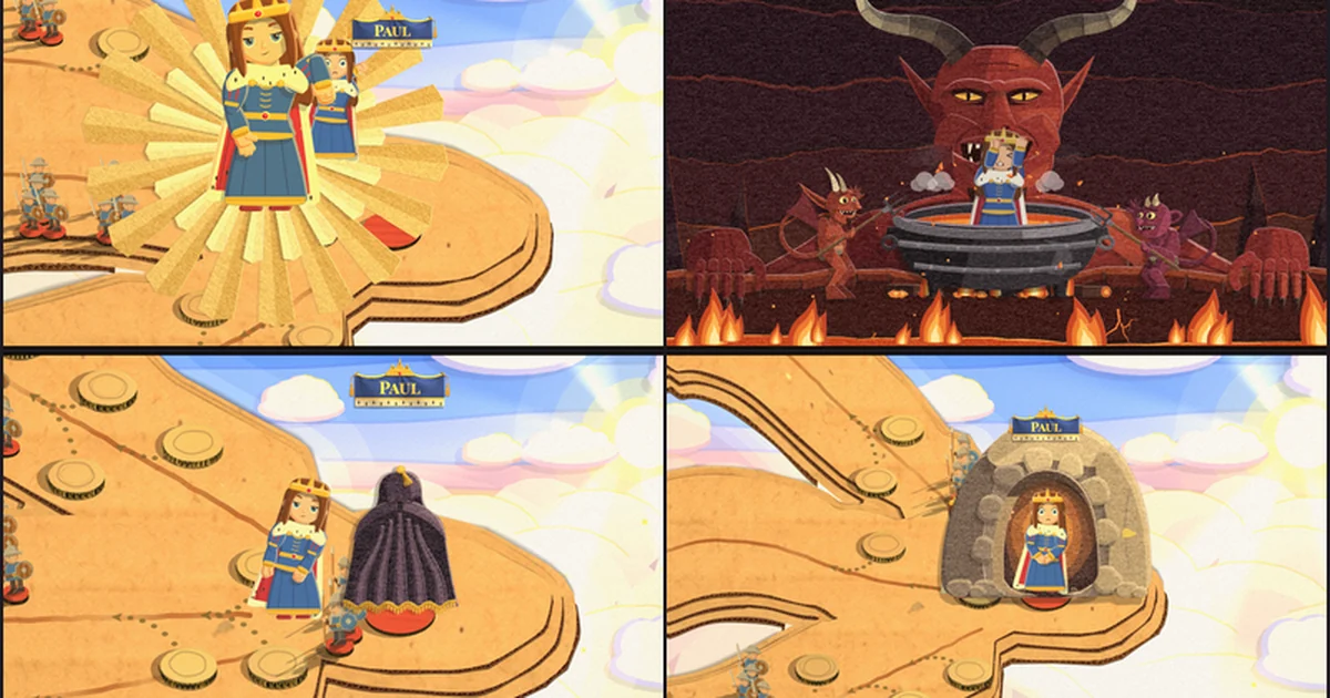 Four pictures in a two by two grid: a giant crowned queen in gold card rays holding her small mirror on a cardboard board in the sky, the mirror in a black cauldron between two imps with a horned red devil leaning in, a queen beside a dark purple cloth that has dropped over her mirror, and a queen inside a stone cave on the board.