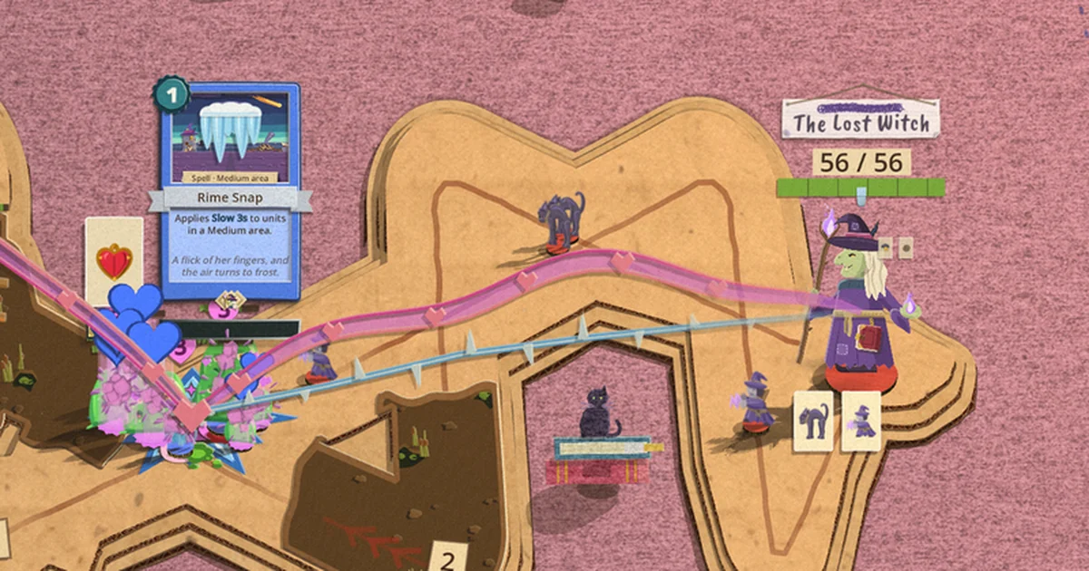 The Lost Witch's turn on her pink felt board: her Rime Snap card held up big over a clump of the player's green slimes, a pink ribbon of hearts running from her staff to them beside a pale blue spiked line, two black cat Hex Familiars and a small purple Storm Apprentice on her roads, and her nameplate at 56 of 56 health.
