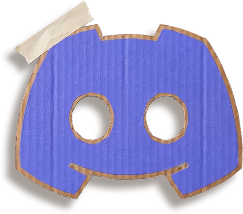 The Discord logo, cut out of cardboard and painted blue, with a strip of masking tape across one corner.