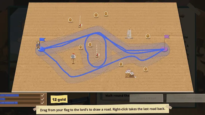 A sheet of corrugated card seen from above with toys, gold coins, a blue flag on the left and a purple flag on the right. A blue crayon line is drawn across it, then a second with a loop in the middle, then a third. The lights dim, a red craft knife traces round the roads, and the card outside them drops away, leaving the roads standing as a cut-out board.