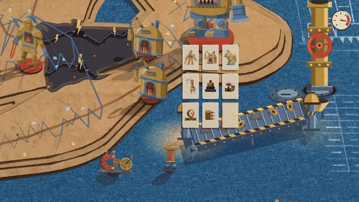 A close view of the Brass Colossus's corner of a blue blueprint mat, beside a column of small unit cards and a tall brass pipe with a red wheel. Lightning crackles over the board. Steel legs rise from the floor, a long belt with yellow and black hazard edges runs out along them, amber beacons light at both ends, and small brass parts ride the belt along.