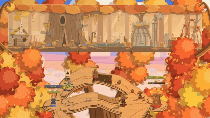 An autumn-coloured board on an orange felt mat below a paper forest backdrop. The board tears up out of the mat on a thick brown trunk, the box and desk drop away to show blue sky, branches reach up round the backdrop card and lift it, then layers of pale yellow and pink paper cloud rise past and cover everything, and the board comes out above the clouds in a crown of orange and red paper leaves with the card held above it.