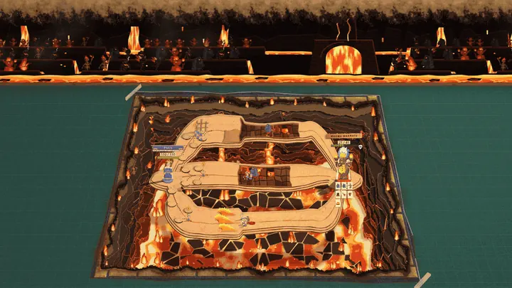 A wide view of the Magma Magnate's mat with glowing tears already in the felt, under a painted dusk of a palace, a volcano and a factory. Fire runs across the backdrop card and burns it away to a black kiln wall with a glowing furnace mouth. Then the mat burns away from the Magnate's end, leaving a deep pit of cracked orange lava under the cardboard road, with cut paper flames standing along its edge.