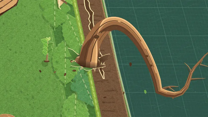 A close view of the edge of a green felt mat with a brown border band next to a dark green desk. A wavy crack runs along the border, the felt bulges and bursts open in pointed green wedges, and a thick brown paper root rises out of the hole and arches over the edge onto the desk, ending in a spray of twigs.