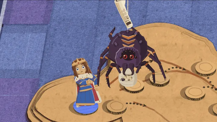 A big purple paper spider lowers herself on a silk thread to face the queen, holding a rolled newspaper in one leg. She swings it down and the queen is squashed flat on the board with her arms and legs spread, then the spider climbs back up out of the picture.
