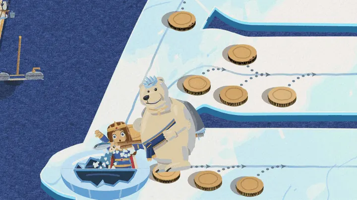 A polar bear emperor with a fish-topped sceptre waddles across white ice to the queen. A ring of cracks opens around her and she drops into dark water up to her waist. He hooks her out on the sceptre, holds her up frozen pale blue, and flings her behind him onto the ice.
