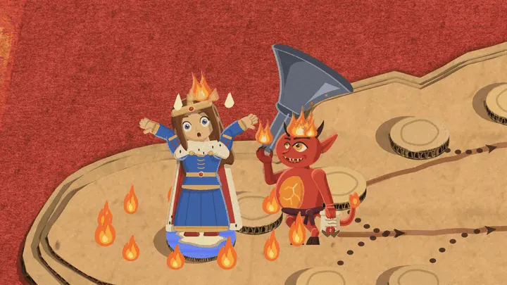 A small red devil carrying a huge iron candle snuffer runs a ring of flames around the queen and flicks a flame onto her head. She melts down shorter and shorter like a candle, the snuffer comes down over her, and when it lifts there is only a smoking black stub.