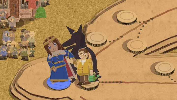 A friendly man in a yellow raincoat with a watering can walks up waving to the queen. They shake hands while his flat black shadow rises off the board behind them into a tall wolf shape that leans over her. She falls flat on her back at his feet and he waves.