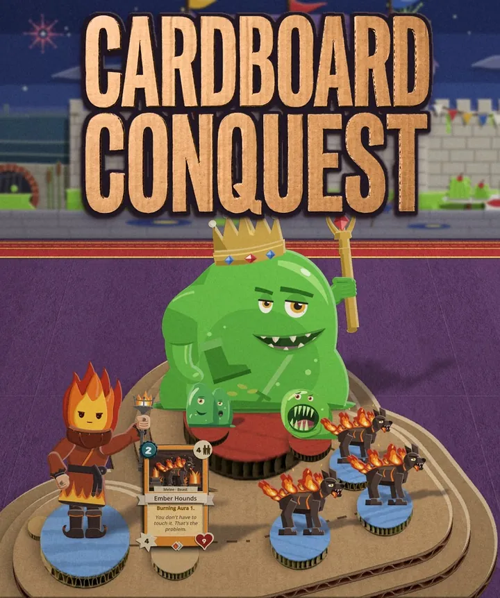 The vertical cover: the cardboard title above the Slime Lord on his court, with the flame-headed warlord, his card and his hounds on the track below him.