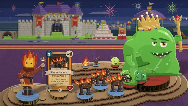 Key art with no title on it: a flame-headed warlord stands beside his Ember Hounds card as three burning hounds run along a cardboard track at a crowned green Slime Lord and his slimes, under a night carnival.