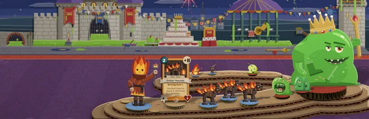 The same battle cut very wide, with no title: the carnival and the purple mat on the left, and the warlord, his hounds and the Slime Lord on the right.