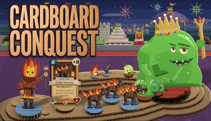 Key art with the title: the name cut out of cardboard above the warlord's Ember Hounds charging the Slime Lord along a cardboard track.