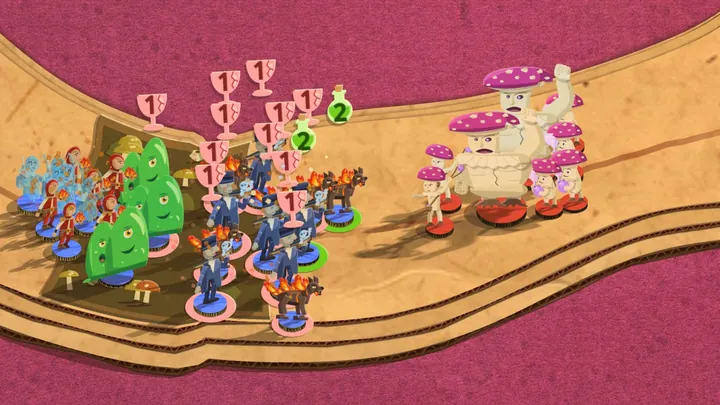 The trailer's thumbnail: slimes, pallbearers, ember hounds and ghosts charge Amanita's mushroom men and their stone giant on a cardboard road.