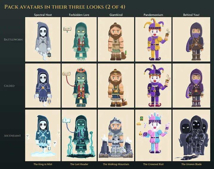 Five packs in their Battleworn, Gilded and Ascendant looks: Spectral Host, Forbidden Lore, Giantkind, Pandemonium and Behind You!