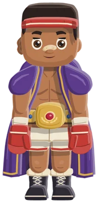 The Boxer: a boxer in a red headband and red gloves, a champion's belt and a purple robe.