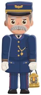 The Train Conductor: a train conductor in a navy uniform and cap, carrying a lantern.