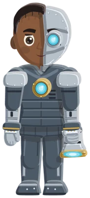 The Cyborg: a cyborg in grey armour plates, half his face riveted steel with a glowing blue eye and a blue core set in his chest.
