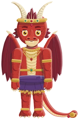 The Dragon: a red dragon with curled horns, wings, a tail and a small gold crown.