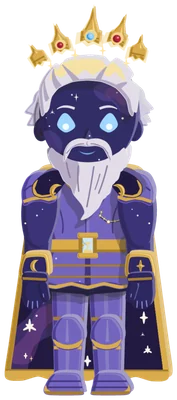 The Eternal: a blue-skinned elder with a white beard, a crown of gold points and a robe of stars.