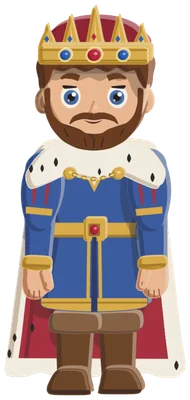The King: a bearded king in a gold crown, a blue tunic and an ermine-trimmed cloak.