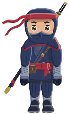 The Ninja: a ninja in dark blue with a red headband and a sword across the back.