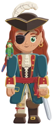 The Pirate: a pirate in a feathered tricorn and an eyepatch, a parrot on her shoulder.