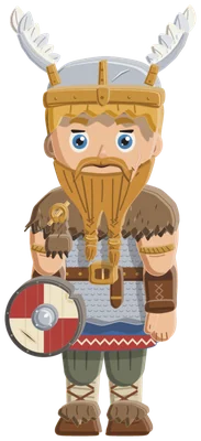 The Viking: a viking in a winged helmet with a braided red beard and a round shield.