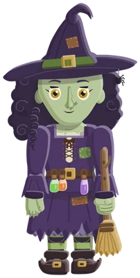 The Witch: a green-skinned witch in a pointed purple hat, potions on her belt and a broom.