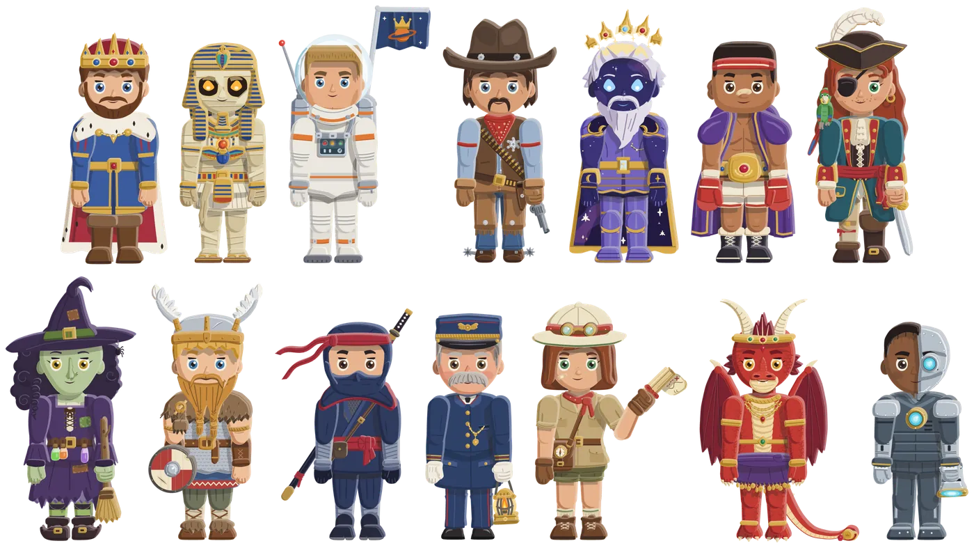 All fourteen warlords in two rows: the King, the Mummy, the Spaceman, the Gunslinger, the Eternal, the Boxer, the Pirate, the Witch, the Viking, the Ninja, the Train Conductor, the Explorer, the Dragon and the Cyborg.