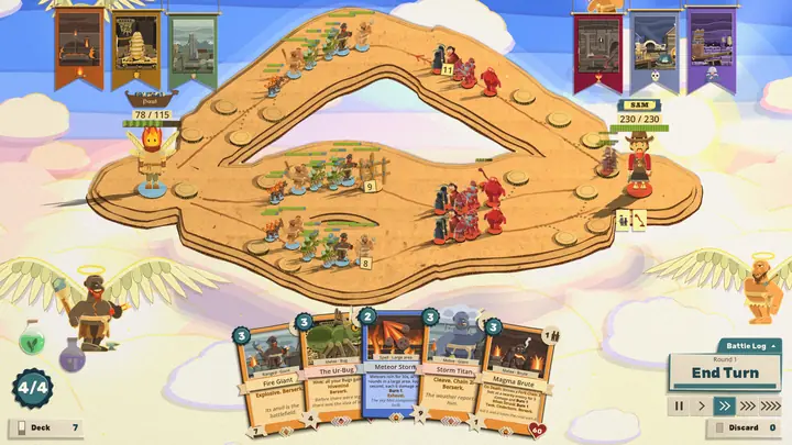 The fourth act's final fight, against a friend's warlord: a cardboard board floats in a sky of clouds, the player's giants and bugs circling it with paper wings and halos, Sam the Gunslinger at the far end and a hand of giants and fire below.