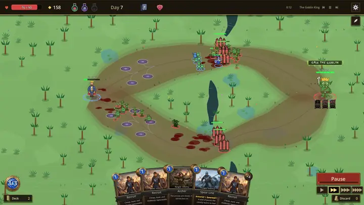 Two armies collide mid-field while the player's hand of cards waits below.